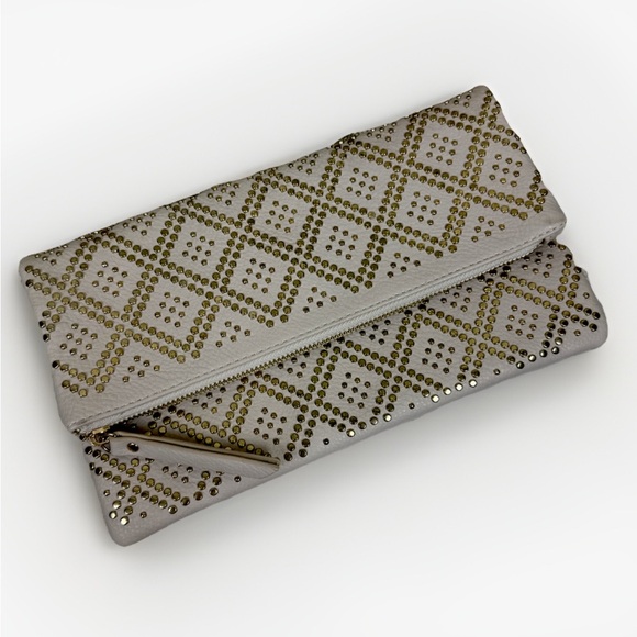 Lulu's Foldover Studded Clutch Handbag Cream Purse PU Leather 11.5x6.5x.05" - Picture 1 of 5